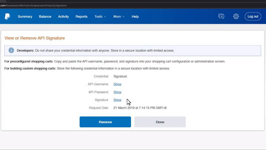 Paypal View or Remove API Signature