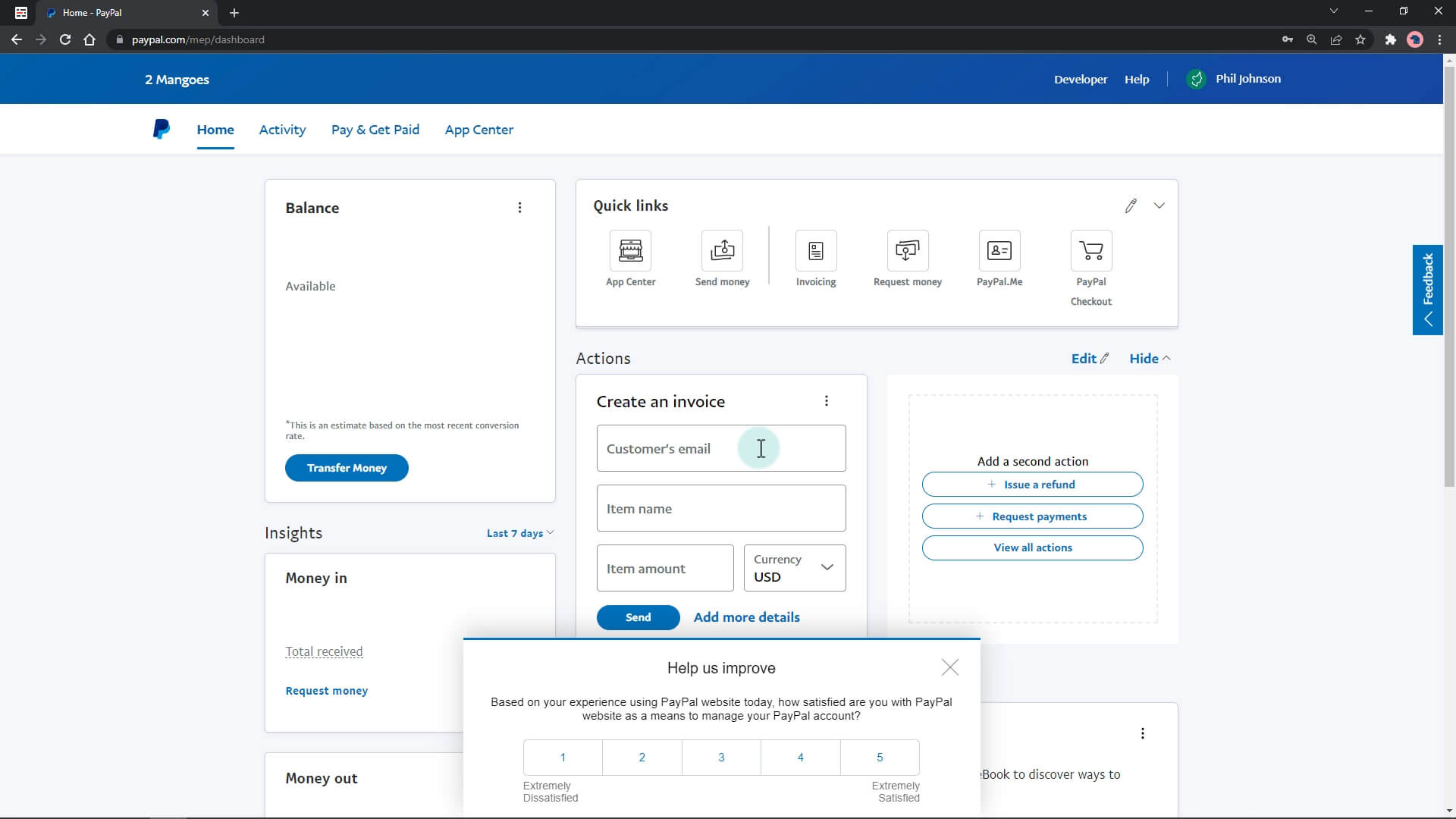 Paypal Business Account Dashboard
